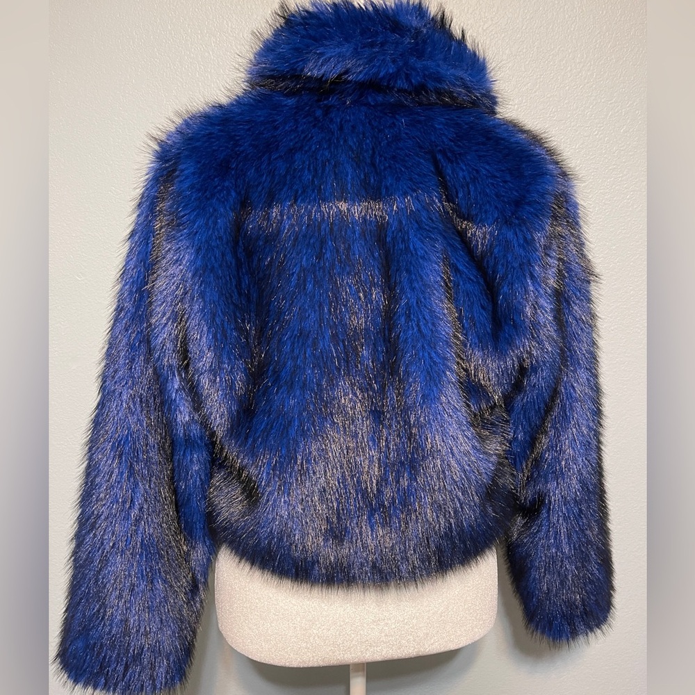 Cobalt Blue Faux Fur Jacket Women Statement Plush Glam Festival Coat Y2K Small - Picture 3 of 5